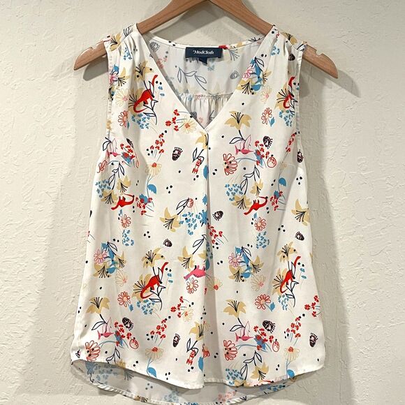 ~ ModCloth Sm Blouse Sleeveless Vneck Floral/Dinos/UFOs/Planets/Rockets Ltweight - Picture 2 of 14